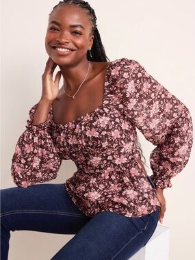 Francesca's Collections Pink and Brown Floral Square-Neck Peplum Blouse